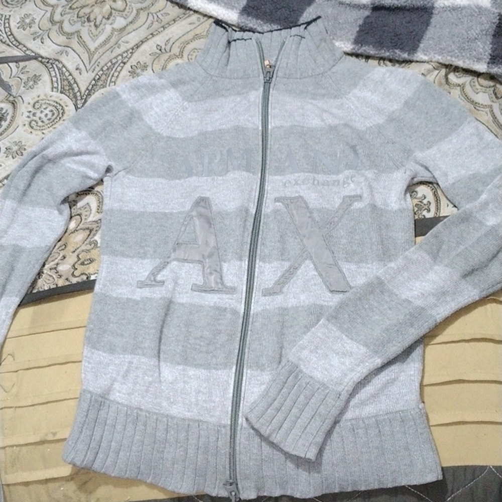 Armani zip-up sweater. Grey stripes causal but super cute sporty outer gear.